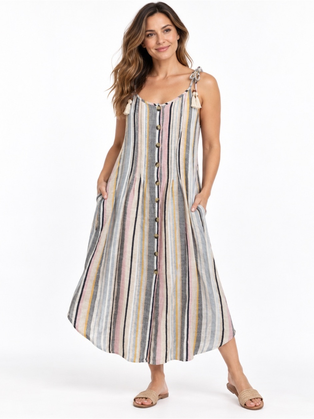 Blue Island Striped Button-Front Maxi Dress Medium Tassel Tie Straps